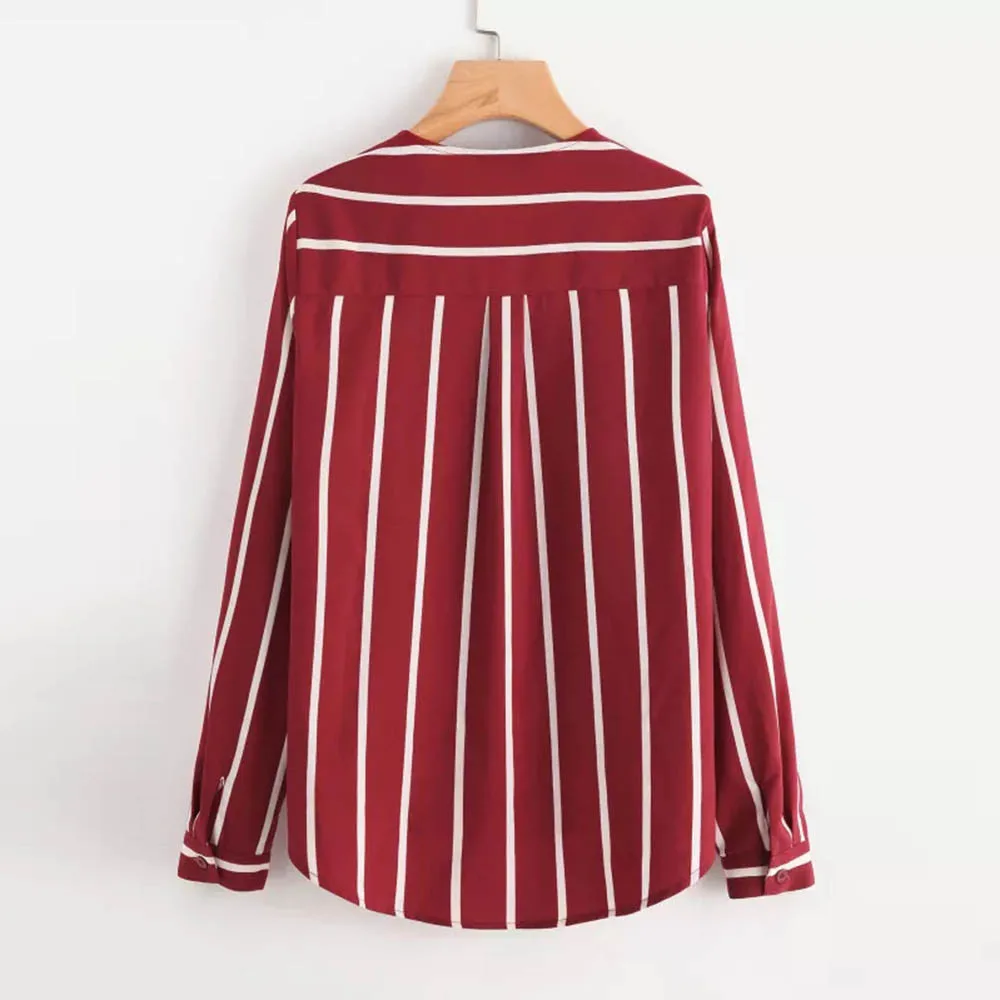 Женский летний топ с v-образным вырезом Повседневная полосатая блузка длинным