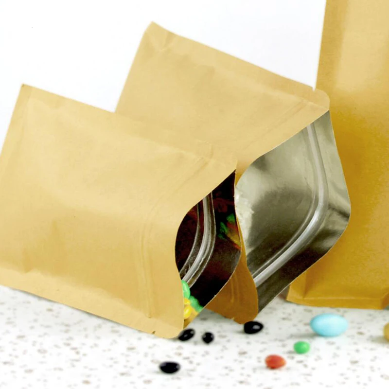 

100 Pcs Small/Big Kraft Paper Food Packaging Bags, Zip Lock Brown Dried Food Tea Cookie Sample Pack Bag Pouch