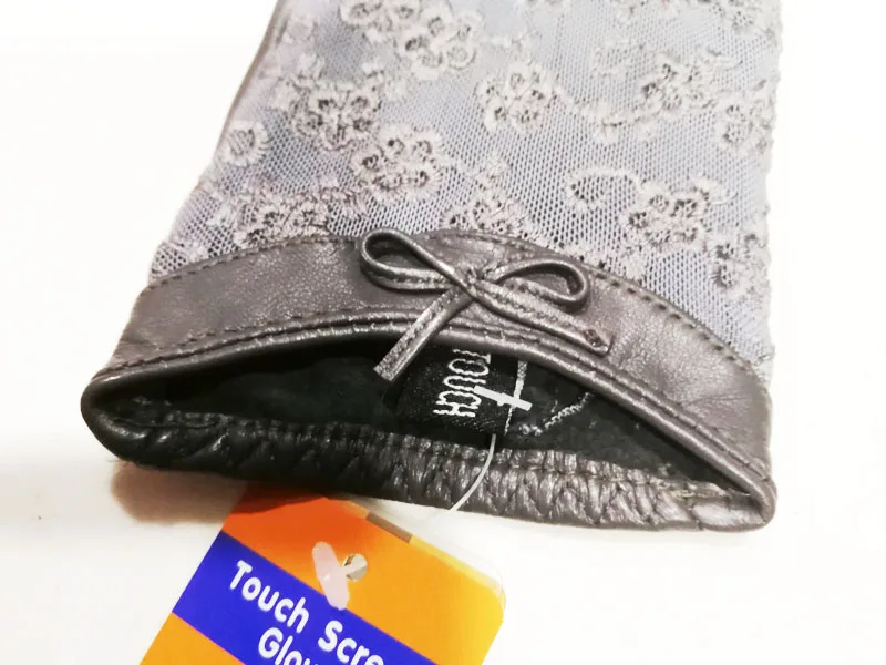 Grey elastic cuffs Кружевные перчатки для сенсорного экрана, женские тонкие перчатки из овчины, различные цвета, новинка, короткие женские кожаные перчатки для вождения с бантом - Цвет: Grey elastic cuffs