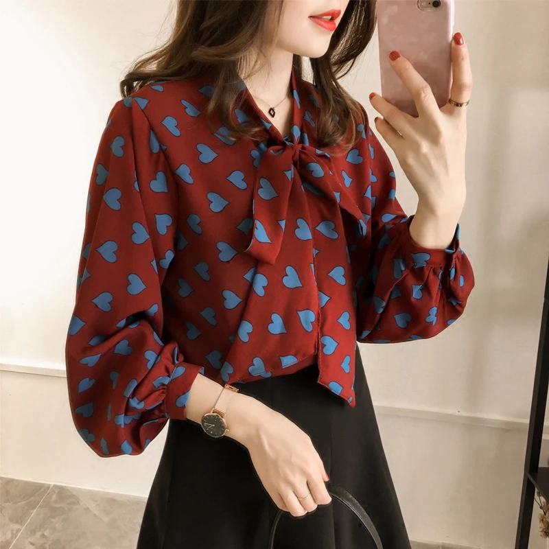 2018 Весна Для женщин блузка сладкий свободные печати лук Фонари с длинным рукавом