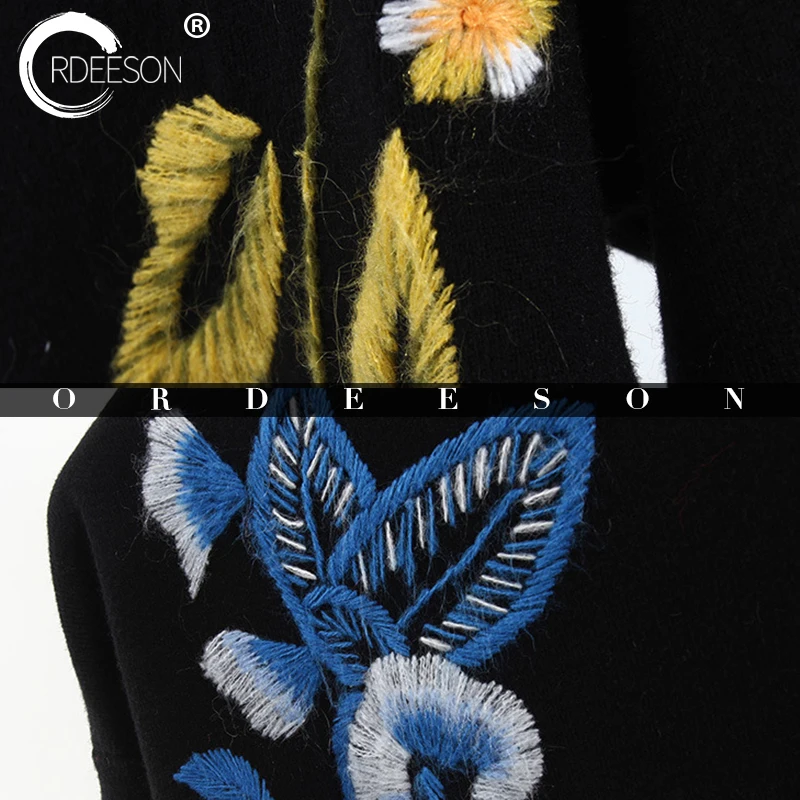 ORDEESON Flowers Embroidery Women Sweaters and Pullovers Jumper winter round neck Knitted Sweater Black Tops Jersey | Женская одежда