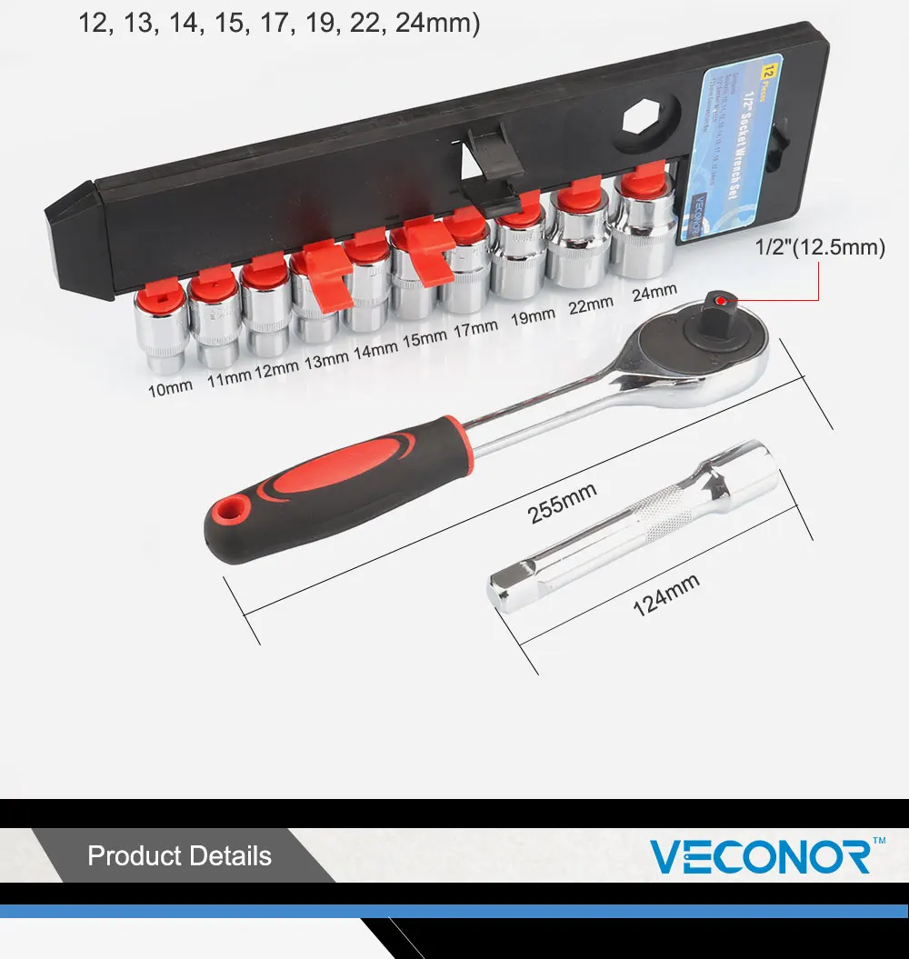 Veconor 12 шт. Набор торцевых головок с 1/" Drive reversibal усилила торцевой ключ гаечный ключ велосипед ключи Инструменты для ремонта