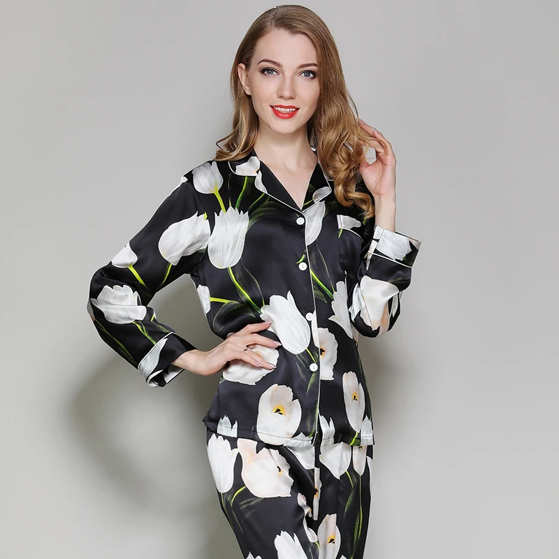 Womens Silk Pajamas Sets 2019Spring Summer Female Floral Print Nightgown Woman 100% Silk Satin Pyjamas Sleepwear Loungewear M-XL