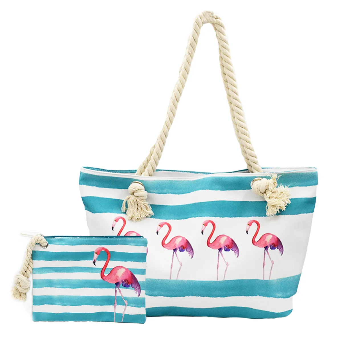 Flamingo Set BONAMIE 2Pcs/lot Flamingo Women Tote Handbags Canvas Female Single Shoulder Bags Casual Hemp Rope Beach Bags Set Wet Bikini Bag - Цвет: Flamingo Set