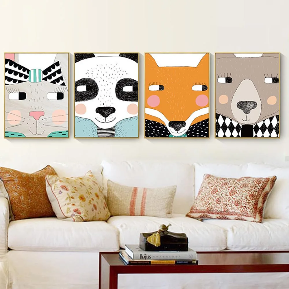 Мультфильм Лев Олень Панда Кролик собака дети стены искусства холст картины