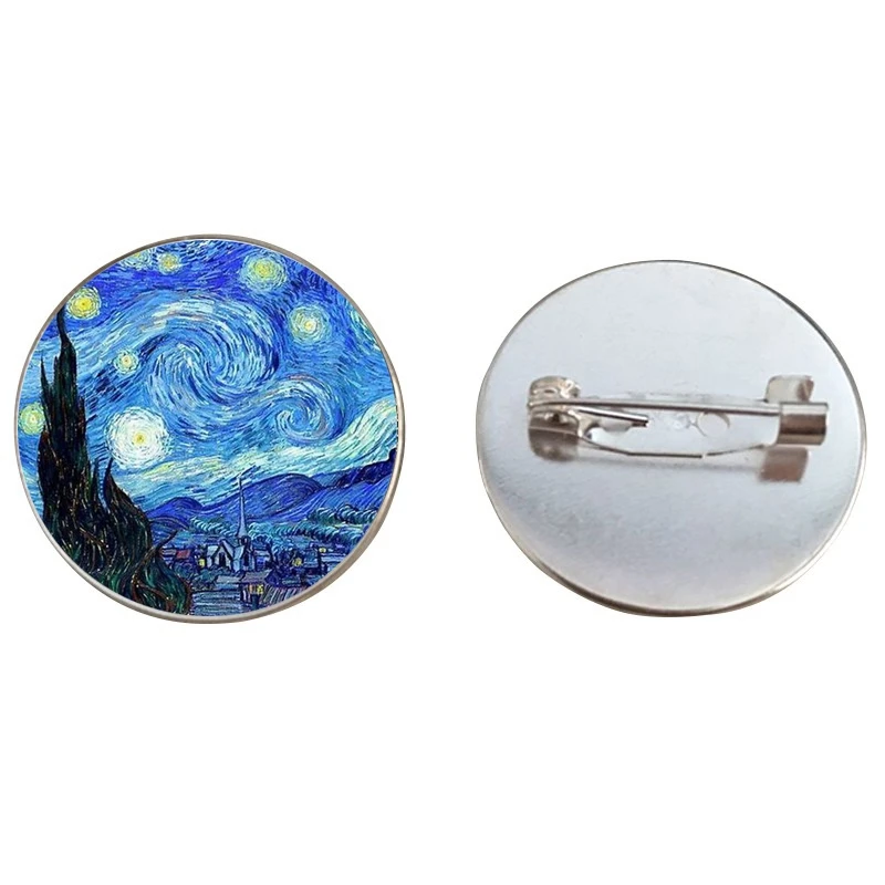 Retro Van Gogh Starry Night Sunflower Brooch The Kiss Art Painting Round Glass Dome Pins Brooches Jewelry images - 6