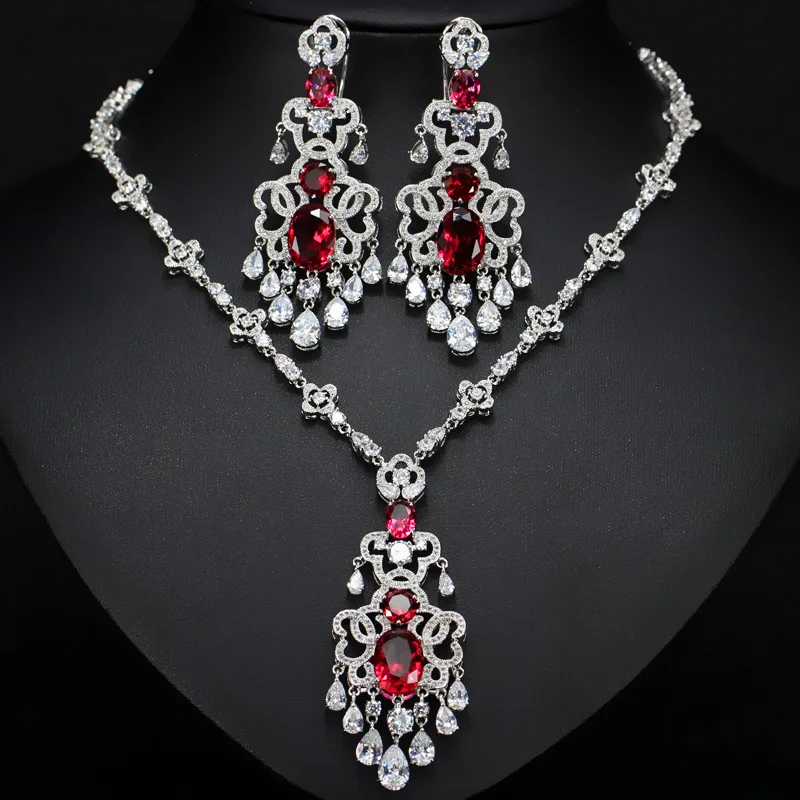 red CWWZircons Высокое качество королевский синий кубический цирконий Африканский большой себе серьги ожерелье набор для женщин Вечеринка ювелирные изделия T276 - Окраска металла: red
