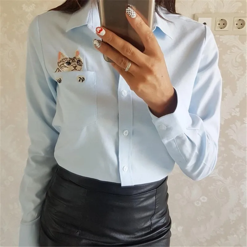 Белая женская школьная рубашка Dioufond в виде кошки Женская Офисная с длинным