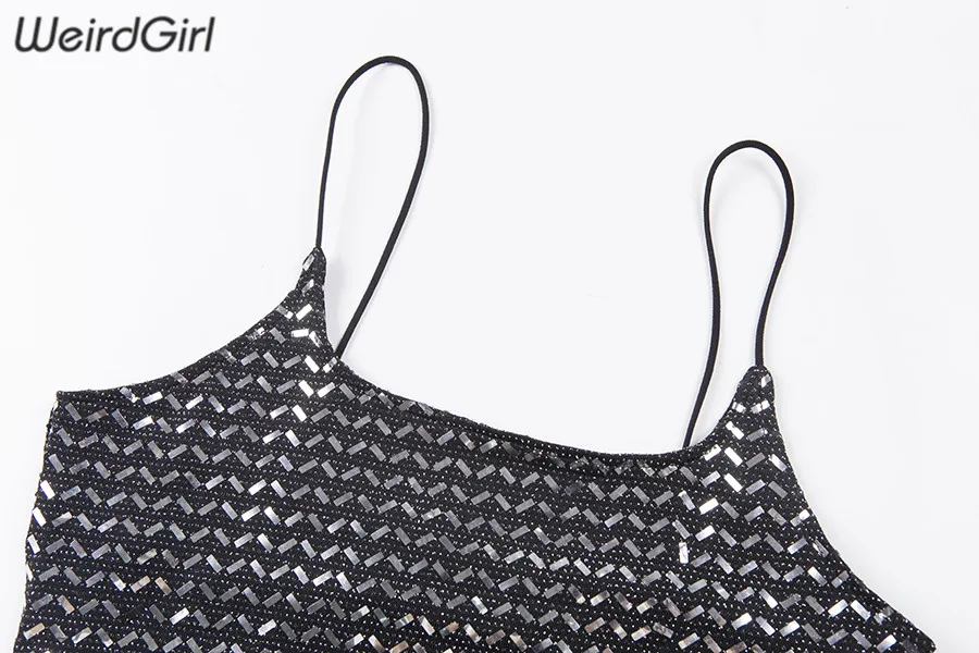 Weirdgirl, сексуальное, черное, шикарное, с блестками, женское платье, без рукавов, облегающее, для вечеринки, платья, Повседневная мода, лето, новое поступление