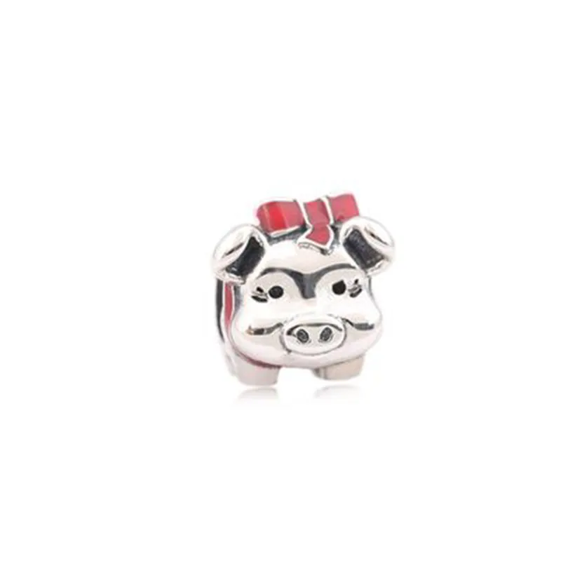 

100% 925 Sterling Silver Red Enamel Bow Piggy Charm Beads Fit Original PAN Bracelet Pendant Authentic DIY Jewelry Gift