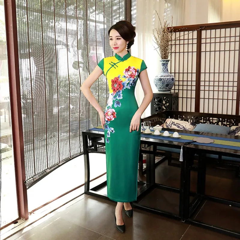 Cheongsam атласное платье с принтом Qipao винтажное улучшенное осеннее традиционное китайское длинное платье вечерние платья для матери свадебное платье