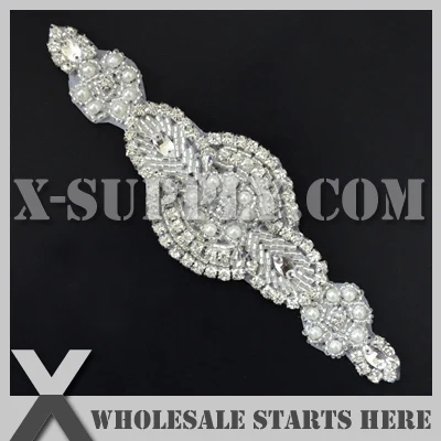 

Wholesale Bridal Rhinestone Pearl Appliques, Iron On Beaded Patch, X1-RAT2366