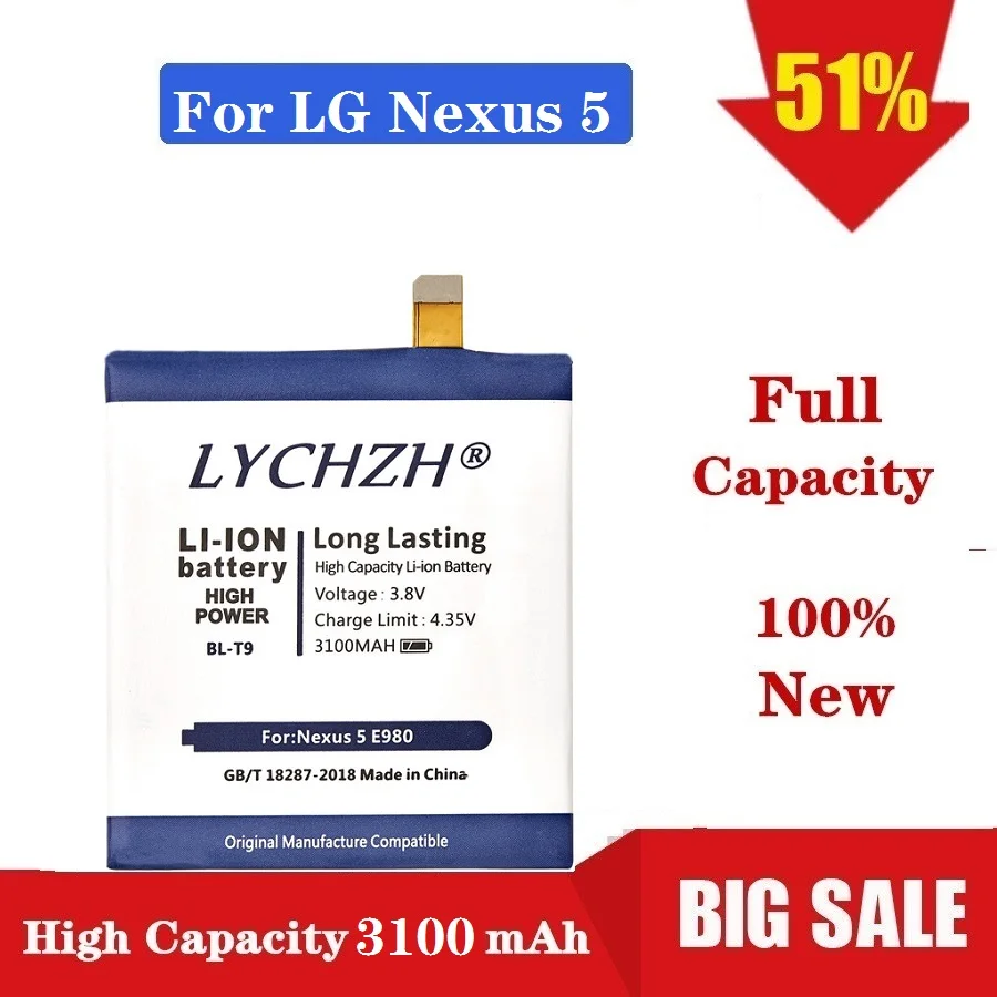NEW Original BL-T9 Mobile Phone Battery For LG Nexus 5 BL-T9 E980 G D820 D821 BLT9 Replacement Battery 3100 mAh