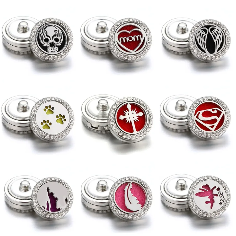 

Love MOM Wings Cross Skull Pattern Hollow Crystal Perfume Locket snap buttons fit 18mm snap jewelry Fittings Gift