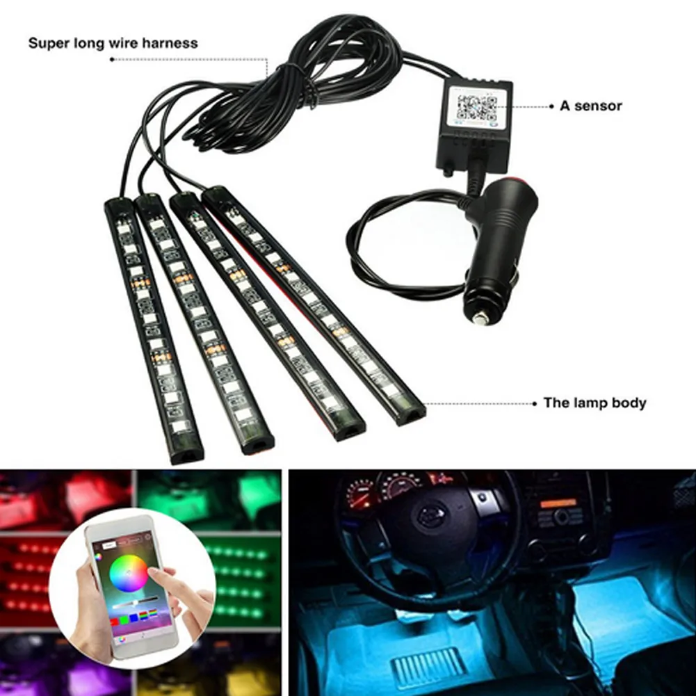 9LED APP Горячая 12V автомобиль RGB светодиодный DRL 4 шт. полосы светильник Авто декоративный гибкий светодиодный полосы Атмосфера лампы светильник комплект стайлинга автомобилей - Испускаемый цвет: 9LED APP
