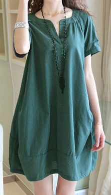 Женское Хлопковое платье с V-образным вырезом коротким рукавом и карманами |