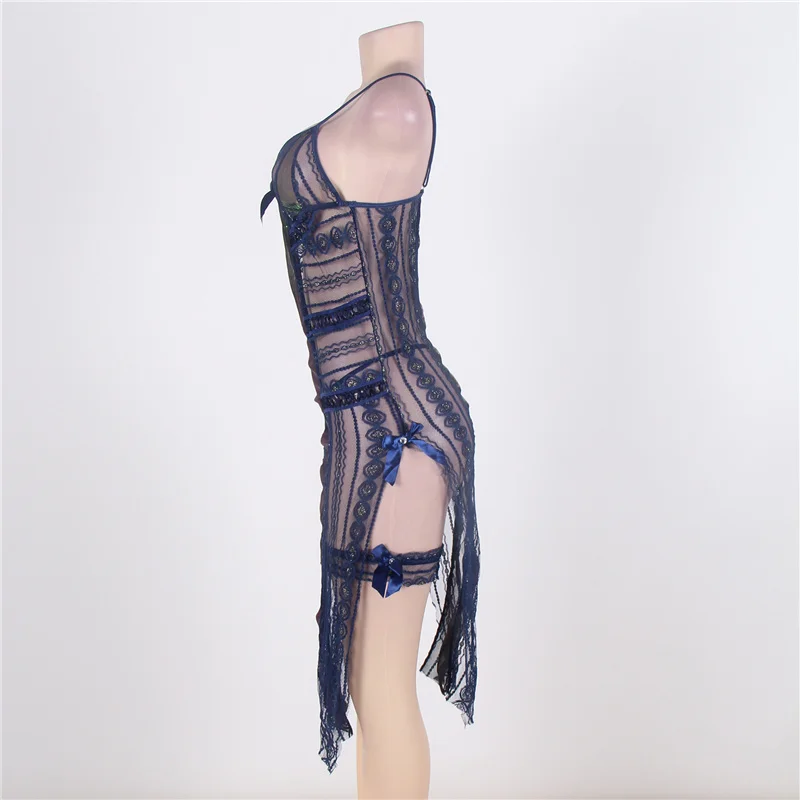 Синее прозрачное длинное вечернее платье Babydoll сексуальное женское белье Большие