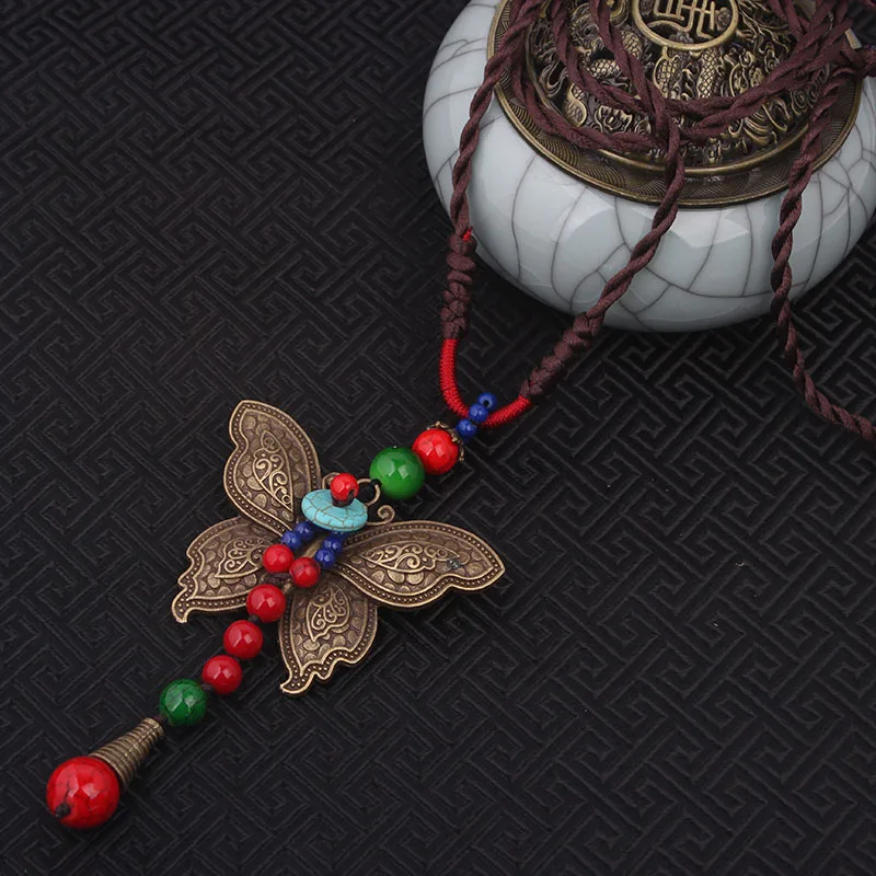 Ожерелье с длинным свитером и бабочкой винтажное ожерелье плетеными камнями