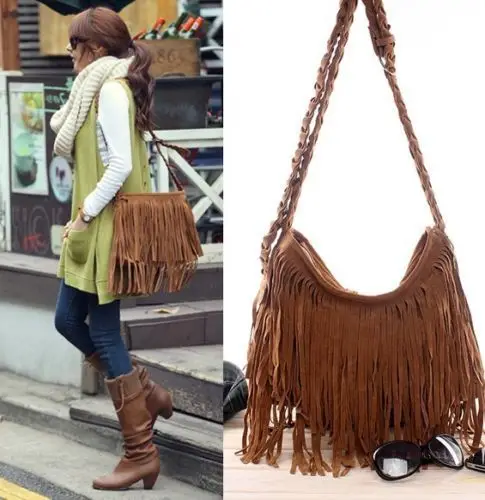

Women Retro Trending Cross Body Bag Tassel Scrub Faux Suede Fringe Messenger Shoulder Handbag