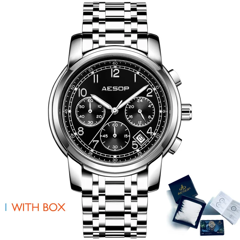 Aesop, модные мужские часы, кварцевые наручные часы, нержавеющая сталь, ремешок, мужские часы, мужские наручные часы, водонепроницаемые, Relogio Masculino - Цвет: Silver black