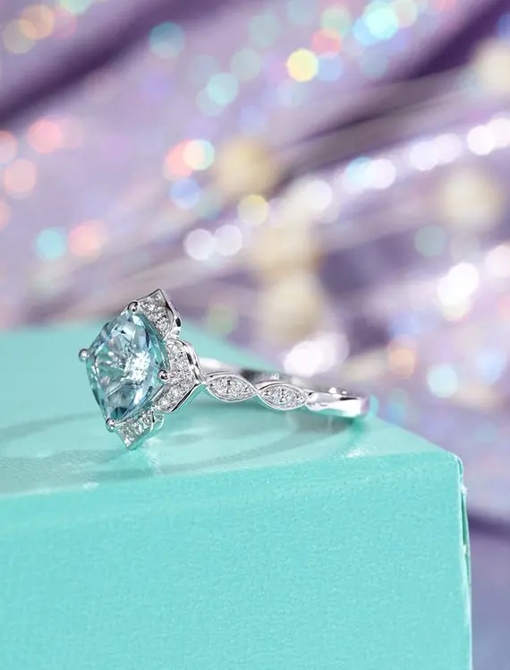 MYRAY Natural Genuine Aquamarine Gemstone Engagement Ring Diamond Wedding 14k White Gold Antique Flower Bridal Anniversary Women | Украшения