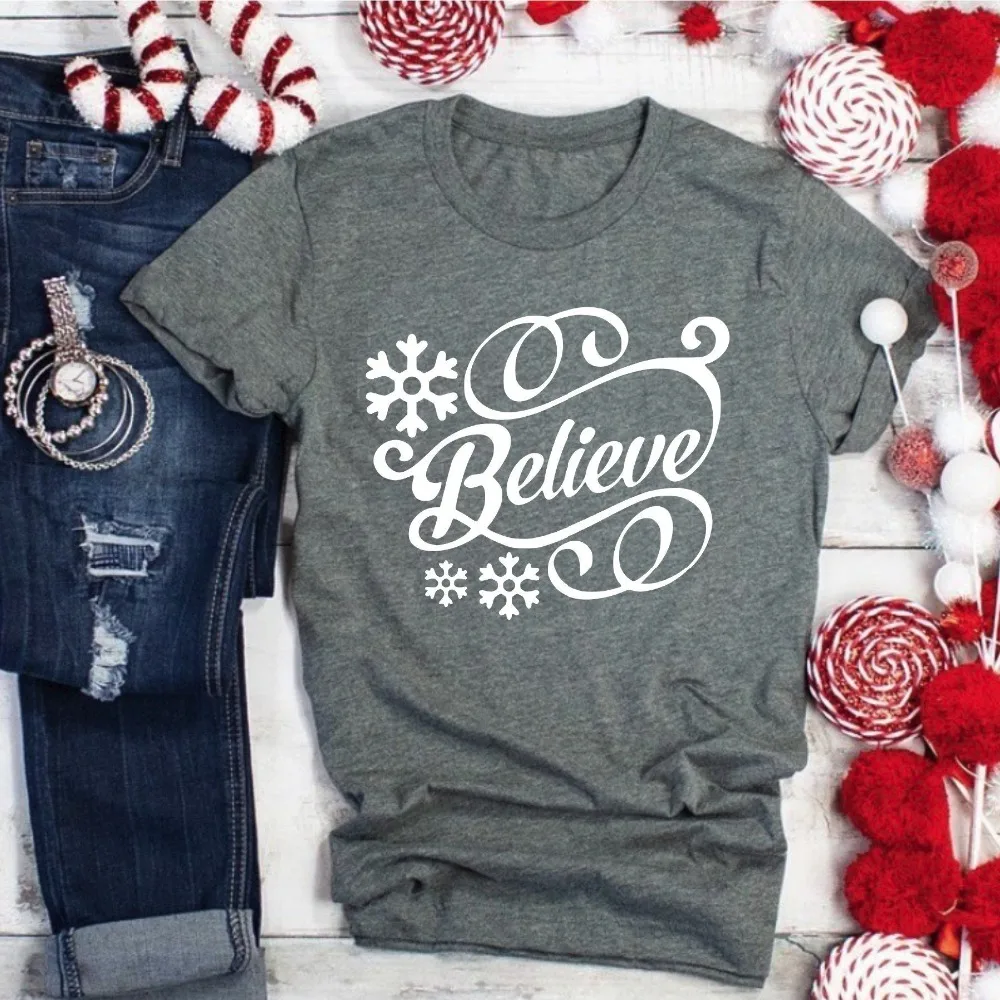

Believe! Believe in Christmas Believe in Good Christian slogan graphic vintage women fashion aesthetic cotton casual tee shirt