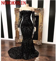 new vestidos black mermaid prom dresses 2019 long sleeve off the shoulder sweep strain sequined formal evening dress party gown