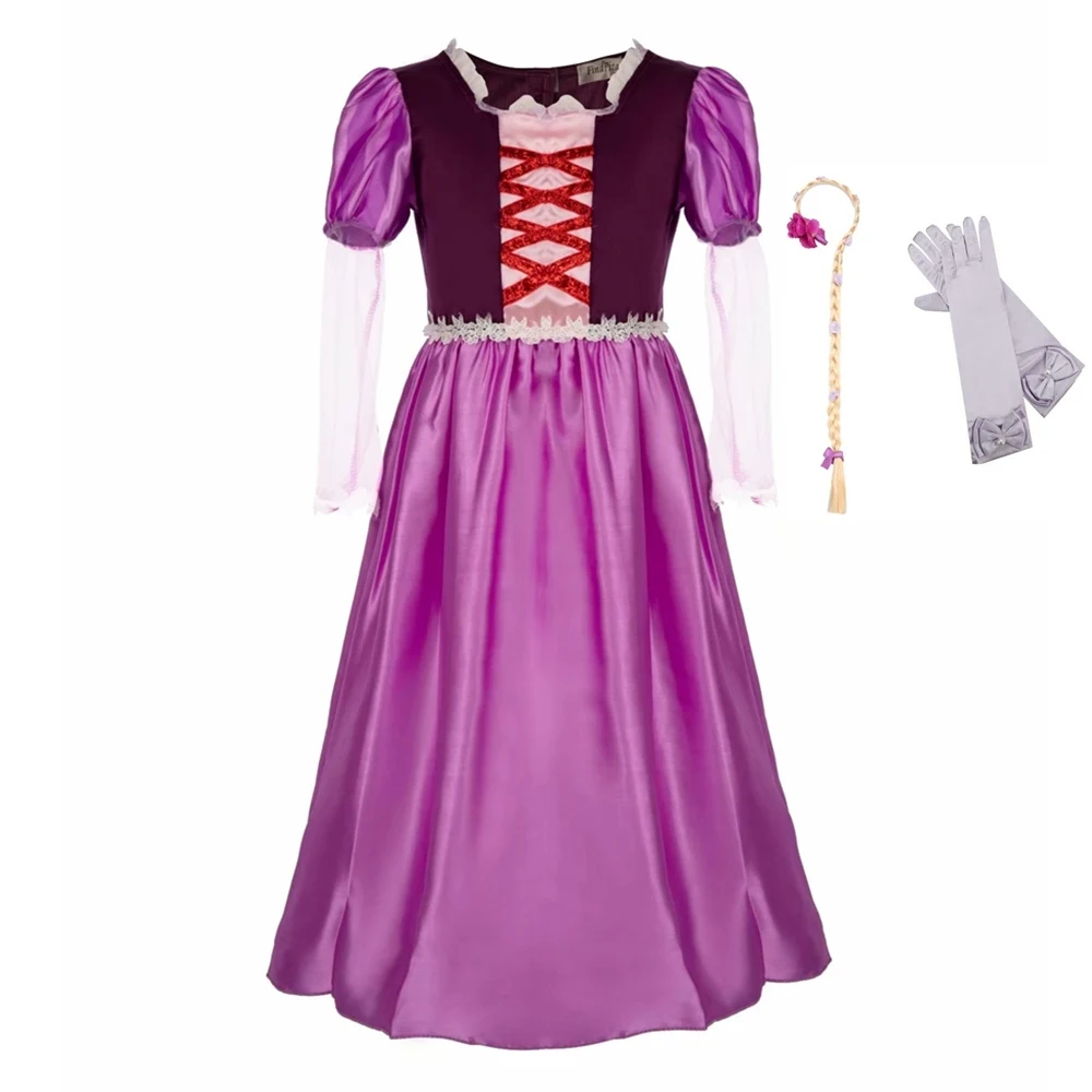 Rapunzel 1 set FINDPITAYA девочки Белль платья Летнее платье принцессы Красота и с рисунком из мультфильма «Красавица и Чудовище» Косплэй костюм вечернее изящное платье с оборкой по низу с пятью АКС - Цвет: Rapunzel 1 set