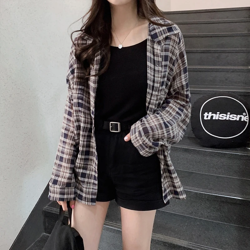 Женская Свободная блузка в клетку зеленая туника на пуговицах с длинным рукавом