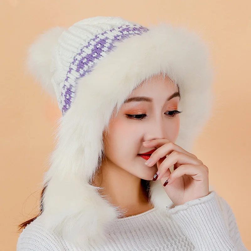 Вязаная шапка-бомбер из искусственного лисьего меха женская зимняя утепленная