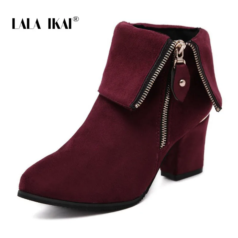 LALA IKAI Women Zipper Winter Two-Way Wearing Ankle Boots Solid Round Toe Square Heel Plus Size Casual Ladies Shoes 040C2890 -49 | Обувь
