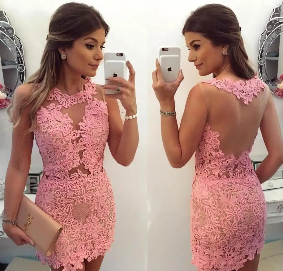 PICTURE COLOR Пикантные Розовые коктейльные платья Illusion Sheer шеи Девушки Клубные Выпускной платья для выпускного плюс Размеры индивидуальный заказ - Цвет: PICTURE COLOR