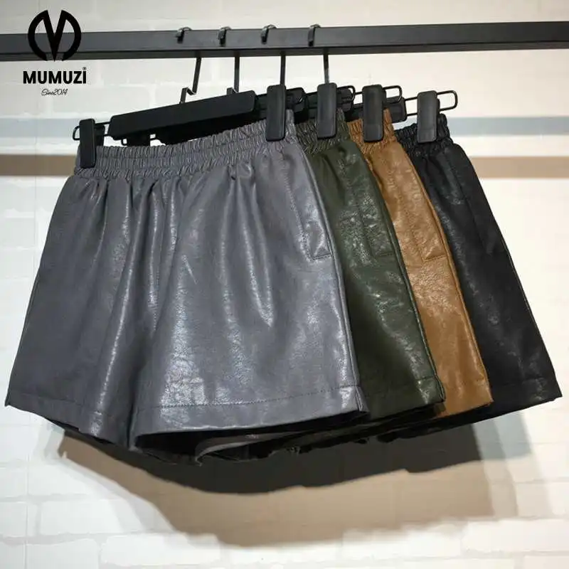 2017 Осень Женщины Краткая Черный цвет с эластичной талией новая кожа PU Шорты