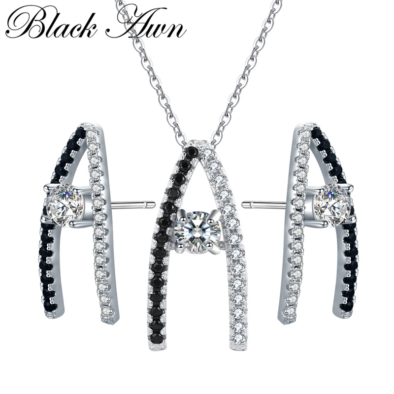 

[BLACK AWN] Classic 925 Sterling Silver Jewelry Sets Engagement Letter "A" Women's Set Necklace Pendant Earrings Z003