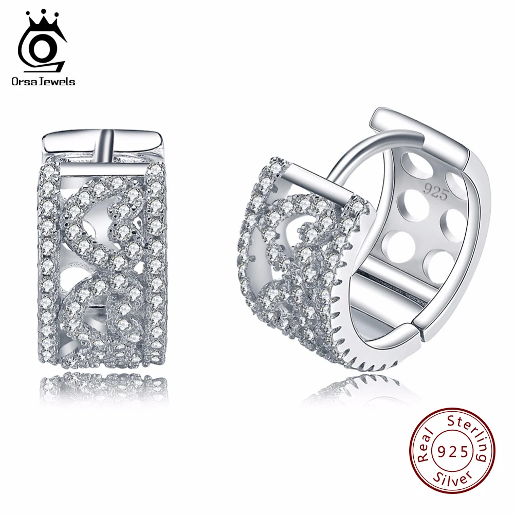 ORSA JEWELS Модные женские ювелирные изделия 925 пробы серебряные серьги маленькие полые серьги-кольца с кубическим цирконием в форме сердца SE21