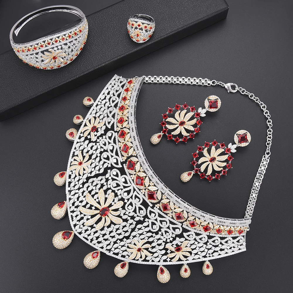 missvikki Vintage New Fashion Women's Jewelry Red Austria Crystal Big Necklace Bangle Earrings Ring Set Charm Female | Украшения и