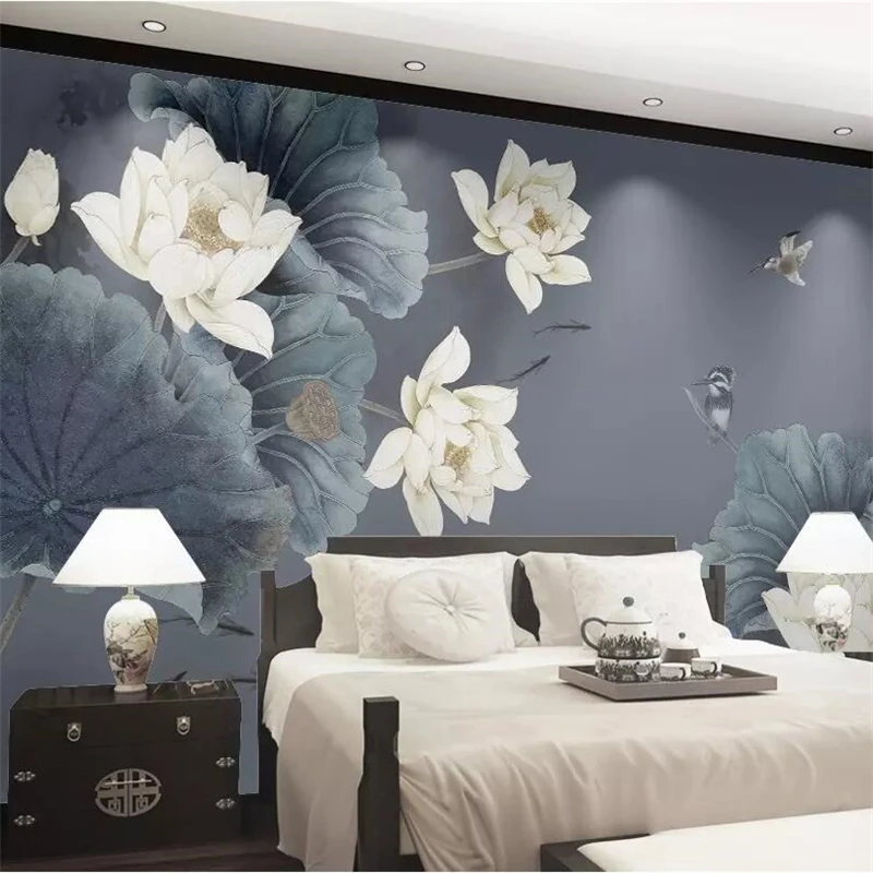 Обои в китайском стиле с изображением лотоса синего пастельного цвета гостиной