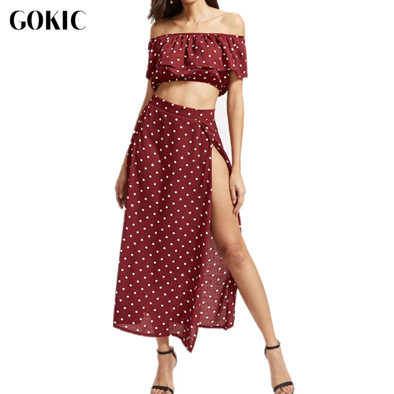 Gokic 2017 с открытыми плечами комплект из двух предметов принтом длинное платье Для