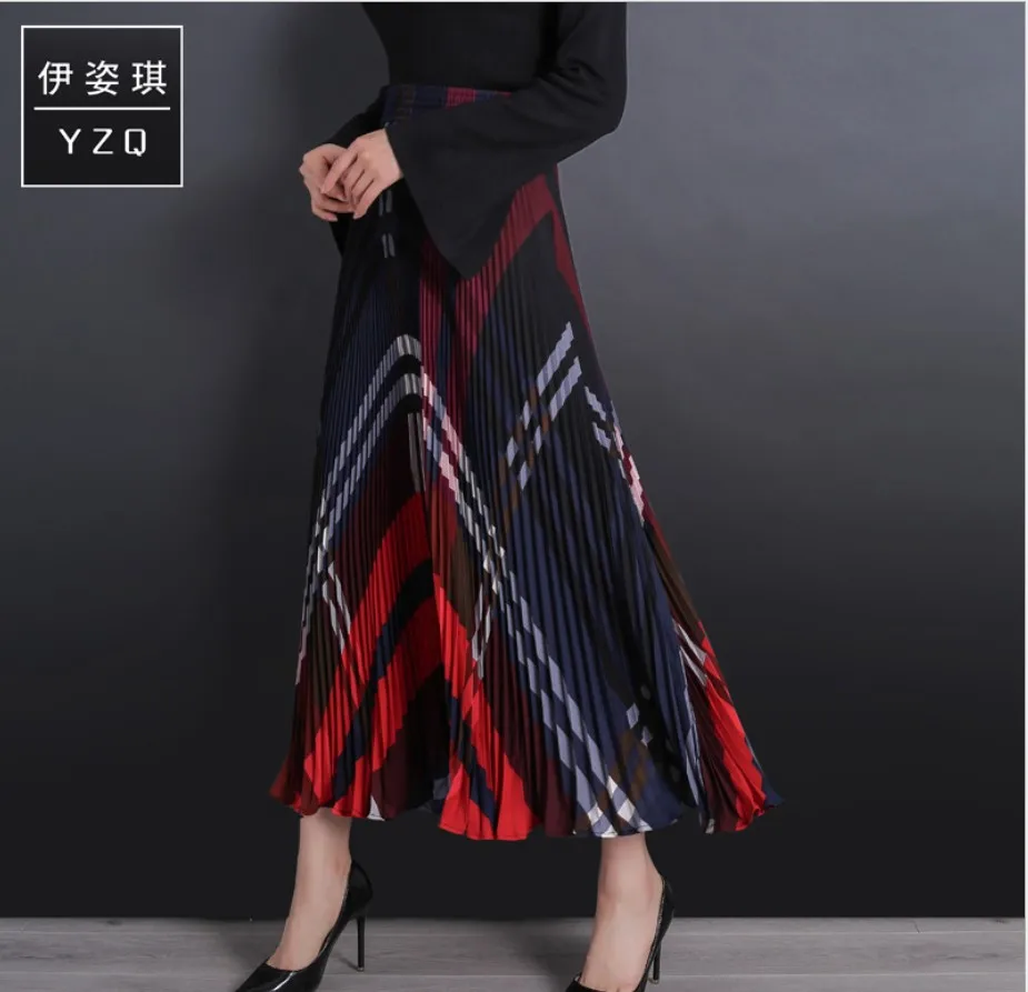 1 fashion vintage plaid chiffon pleated OL womens skirts summer stretch high wisted elastic waistband skirt women saia saias falda - Цвет: 1