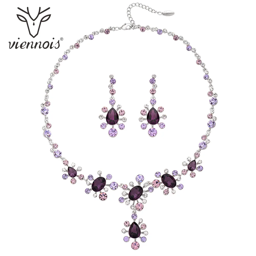 Viennois Rose Gold &amp Silver Color Crystal Drop Earrings Rhinestone Necklace Set For Women Metal Party Jewelry 2019 | Украшения и