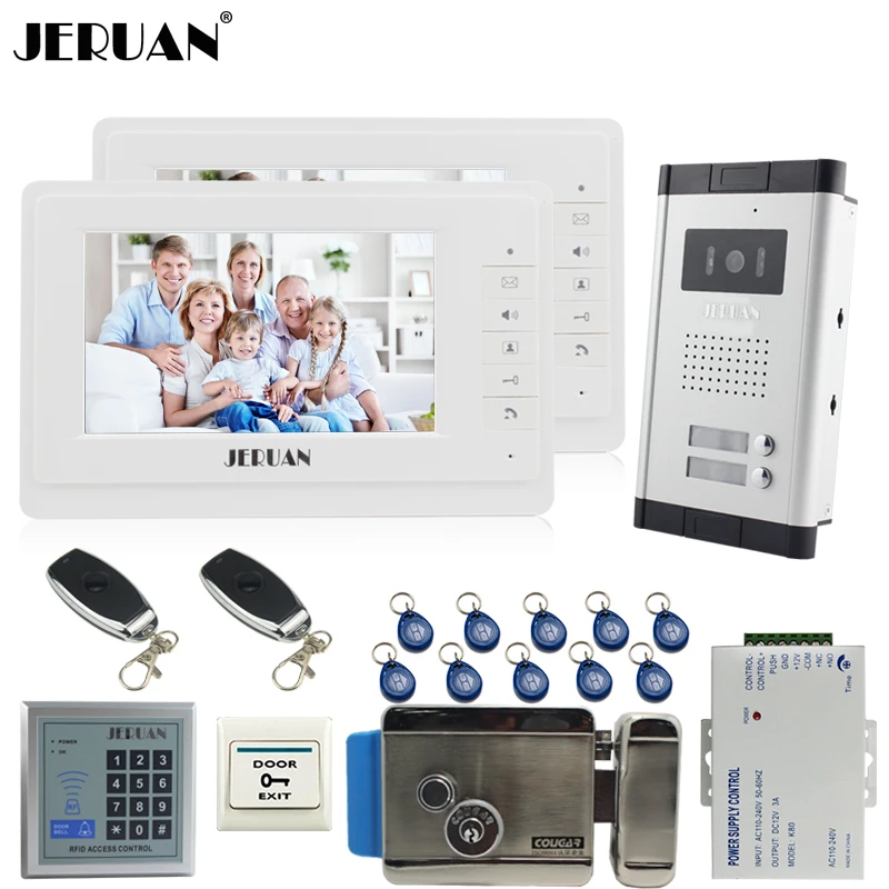 Система видеодомофона JERUAN 7 &quotTFT 2 монитора 1 HD камера rfid контроль доступа пульта