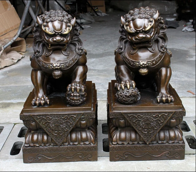 18 Китай античная бронза Медь фэншуй Дворцовая дверь охранника Фу Собака Статуя