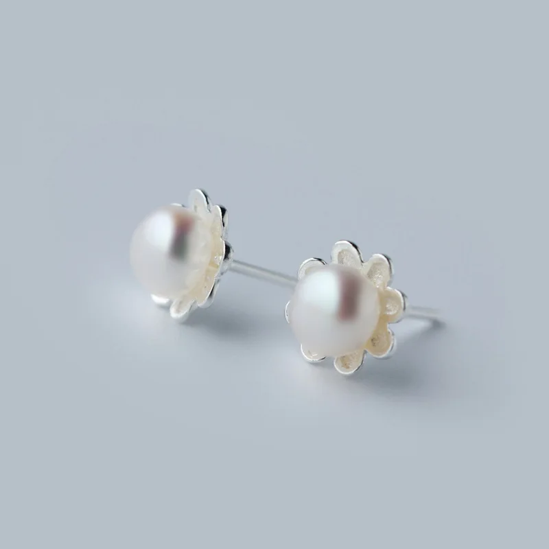 7 мм * 5 мм. 925 sterling silver Пресноводных Культивированный Жемчуг Цветок Серьги