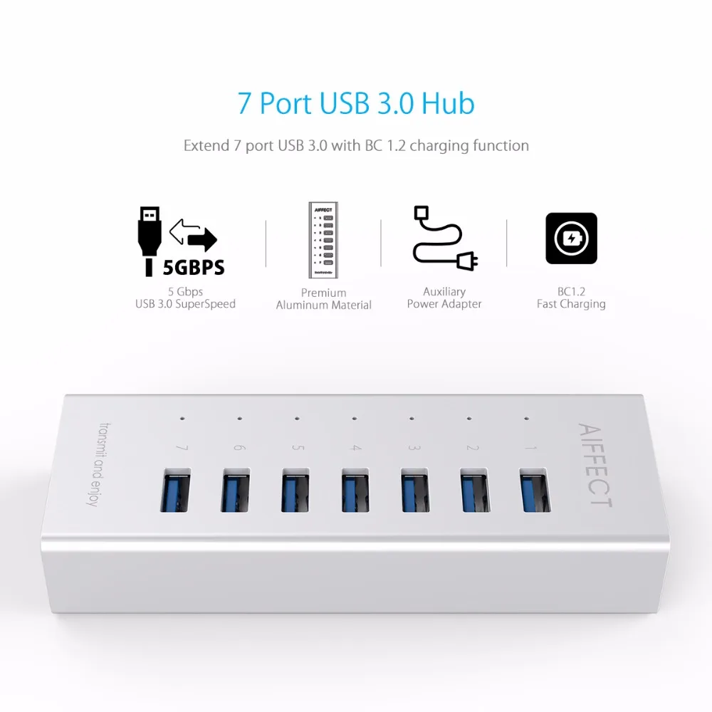 Aiffect 7 портов USB 3 0 концентратор Алюминиевый BC1.2 разветвитель с зарядными портами 5