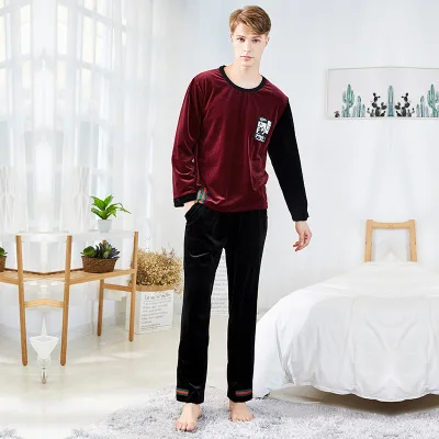 

New velvet pajamas autumn winter men's long sleeve head color matching home wear two sets wholesale-RY