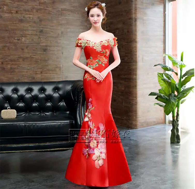 Современные китайское традиционное платье красный долго Qipao цветок Русалка Свадебные платье чонсам