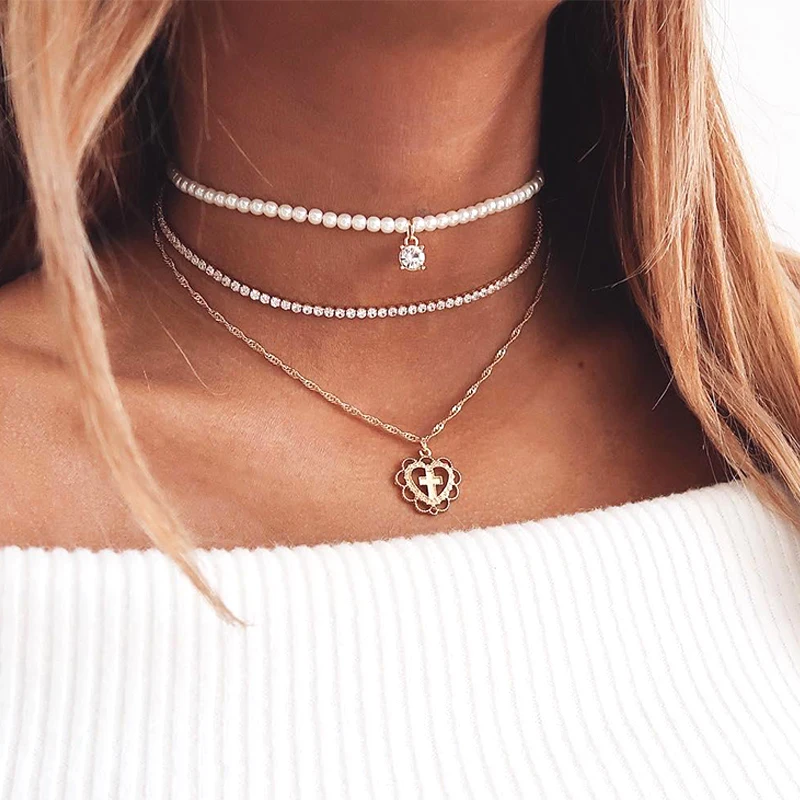 3 шт./компл. в богемном стиле сердце крест и жемчужной нитью многослойное ожерелье