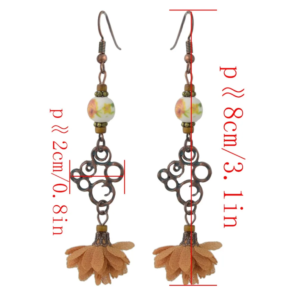 Винтажные серьги-подвески из медного сплава с цветными керамическими бусинами и
