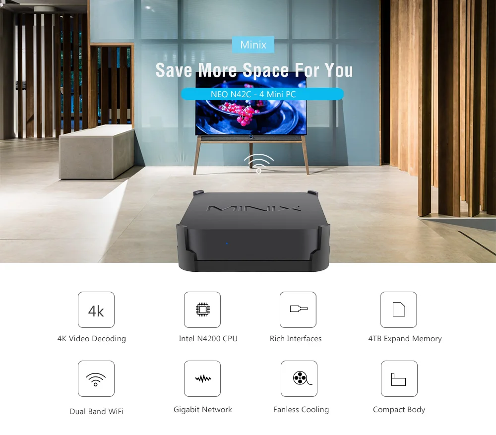 Мини-ПК Minix NEO N42C-4 в Apollo Lake J4205 HD graphics 505 4G 32G 128G SSD 2,4 GHz 5GHz WiFi 1000Mbps USB3.0 BT4.1 tv Box
