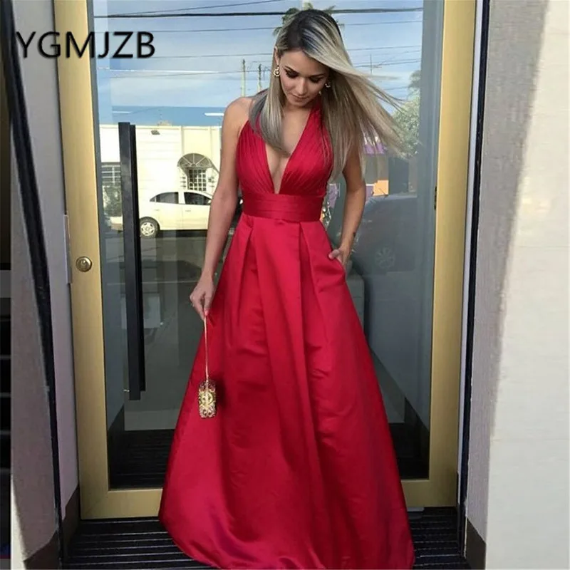 Женское атласное вечернее платье Красное Длинное Платье трапециевидной формы с